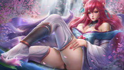 Rule 34 | afloat, ahri (league of legends), animal ear fluff, animal ears, bare shoulders, bell, black panties, blue eyes, blurry, blurry background, blush, breasts, cherry blossoms, cleavage, dated, facial mark, fingernails, flower, fox ears, fox tail, hair bell, hair between eyes, hair ornament, kitsune, league of legends, lily pad, long fingernails, long hair, lotus, multiple tails, nail polish, no shoes, outdoors, panties, pantyshot, parted lips, petals, red hair, red lips, red nails, signature, sitting, slit pupils, solo, spirit blossom ahri, tail, tree, turewindwalker, underwear, water, waterfall, whisker markings, white legwear