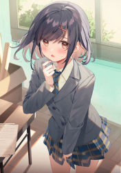 Rule 34 | 1girl, black hair, blouse, blush, brown eyes, classroom, collared shirt, confession, diagonal-striped clothes, diagonal-striped necktie, hair lift, hair ornament, hairclip, kanda done, long sleeves, looking at viewer, necktie, open mouth, original, school uniform, shirt, short hair, shy, skirt, striped clothes, sweat, thighs, white shirt, window