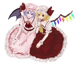 Rule 34 | 2girls, ascot, bat wings, blonde hair, blue hair, cream puff (pixiv 101693458), crystal wings, flandre scarlet, from above, full body, hat, hat ribbon, highres, looking at viewer, looking up, medium hair, mob cap, multiple girls, open mouth, red ascot, red eyes, red ribbon, remilia scarlet, ribbon, simple background, touhou, white background, wings, yellow ascot