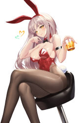 Rule 34 | 1girl, absurdres, alcohol, animal ears, arm strap, bare shoulders, black bow, black bowtie, blush, bow, bowtie, breasts, brown pantyhose, cleavage, closed mouth, covered navel, crossed legs, cup, detached collar, dutch angle, fake animal ears, fake tail, feet out of frame, hairband, hand up, heart, highres, holding, holding cup, ice, ice cube, large breasts, legs, leotard, long hair, looking at viewer, mole, mole under eye, nolan, original, pantyhose, playboy bunny, rabbit ears, rabbit tail, red hairband, red leotard, silver hair, simple background, sitting, smile, solo, stool, strapless, strapless leotard, tail, traditional bowtie, very long hair, whiskey, white background, yellow eyes