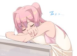 Rule 34 | 1girl, armpit peek, artist request, bare shoulders, breast rest, breasts, closed eyes, commentary request, crossed arms, hair intakes, highres, long hair, medium breasts, miton (turuyasann), original, pink hair, shirt, simple background, sitting, sleeping, solo, two side up, upper body, white background, zzz