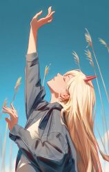Rule 34 | 1girl, absurdres, arm up, blonde hair, blue sky, chainsaw man, closed eyes, denim, denim jacket, from side, gradient sky, hand up, highres, horns, jacket, kozzz y, long hair, oni horns, open clothes, open jacket, outstretched arm, parted lips, power (chainsaw man), profile, red horns, sky, solo, straight hair, teeth, upper body, upper teeth only