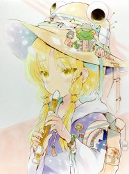 Rule 34 | 1girl, accordion, backpack, badge, bag, bandaid, beamed eighth notes, blonde hair, blue ribbon, blush stickers, chain, commentary request, daruma doll, doll, eighth note, flute, frog, green ribbon, hair ribbon, hat, hat ribbon, highres, hood, hoodie, instrument, long sleeves, looking at viewer, medium hair, moriya suwako, music, musical note, orange ribbon, parted bangs, pin, playing instrument, purple vest, quarter note, red ribbon, ribbon, snake, solo, touhou, treble clef, trinkets, upper body, vest, white hoodie, white snake, wristband, yellow eyes, yuzugoori, zipper