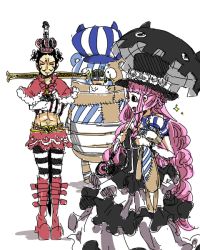 Rule 34 | 1girl, 2boys, abs, angry, bare shoulders, black dress, black hair, boots, cosplay, costume switch, crossdressing, crossed arms, crown, curly hair, dracule mihawk, dress, facial hair, green hair, hat, image sample, kumacy, kumacy (cosplay), kuraigana island, long hair, mask, midriff, mouth mask, multiple boys, muscular, mustache, naruto maki, one piece, perona, perona (cosplay), pink hair, pixiv sample, red footwear, resized, roronoa zoro, shoes, short cape, simple background, skirt, standing, striped clothes, striped headwear, striped legwear, stuffed animal, stuffed toy, sword, teddy bear, top hat, toy, turn pale, umbrella, weapon
