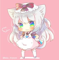 Rule 34 | 1girl, :3, animal ear fluff, animal ears, apron, azur lane, black bow, black shirt, blue eyes, blush, bow, brown background, cat ears, cat girl, cat tail, chibi, closed mouth, full body, green eyes, grey footwear, hammann (azur lane), hands on own hips, kou hiyoyo, long hair, looking at viewer, maid apron, multicolored eyes, one side up, pink background, puffy short sleeves, puffy sleeves, shirt, short sleeves, silver hair, solo, standing, striped, striped bow, tail, thighhighs, twitter username, very long hair, white apron, white thighhighs, wrist cuffs