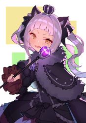 Rule 34 | 1girl, :d, absurdres, animal ear fluff, animal ears, black bow, black capelet, black dress, blush, bow, brown eyes, capelet, cat ears, commentary request, crown, dress, frilled sleeves, frills, fur-trimmed capelet, fur trim, grey hair, hair bow, highres, holding, hololive, long hair, long sleeves, looking at viewer, mini crown, murasaki shion, murasaki shion (gothic lolita), ohihil, open mouth, smile, solo, twintails, v-shaped eyebrows, very long hair, virtual youtuber, white background, wide sleeves