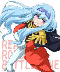 Rule 34 | 1girl, bioroid hei, black cape, blue hair, blue hairband, cape, char aznable, char aznable (cosplay), copyright name, cosplay, floating hair, gloves, gundam, hairband, jacket, leaning back, long hair, looking at viewer, mobile suit gundam, musica fareden, pants, purple eyes, real robot battle line, red jacket, red pants, smile, solo, white background, white gloves