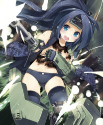 Rule 34 | &gt;:o, 1girl, :o, armor, blue eyes, blue hair, blush, cape, covering privates, covering breasts, fingerless gloves, firing, floral print, forehead protector, gloves, hair ornament, holding, holding weapon, leg up, long hair, looking at viewer, matching hair/eyes, mecha musume, nanaroku (fortress76), navel, open mouth, original, panties, ponytail, solo, sweatdrop, teeth, thighhighs, torn clothes, underwear, v-shaped eyebrows, weapon