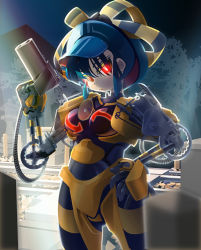Rule 34 | 1girl, absurdres, android, arrow (symbol), black hair, closed mouth, commentary request, cowboy shot, gears, glowing, glowing eyes, hair between eyes, hand on own hip, hat, highres, holding, looking at viewer, mechanical arms, original, outdoors, railroad crossing, railroad tracks, red eyes, rock, short hair, solo, tree, yukiman