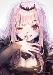 Rule 34 | 1girl, absurdres, black cape, black dress, blunt bangs, breasts, cape, cleavage, detached sleeves, dress, highres, hololive, hololive english, large breasts, long hair, looking at viewer, mori calliope, mori calliope (1st costume), nail polish, one eye closed, pink hair, pink nails, red eyes, see-through, see-through sleeves, sidelocks, single sleeve, smile, solo, spiked cape, tarutsu, veil, virtual youtuber