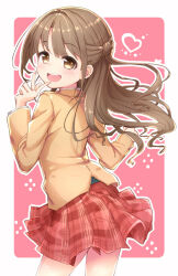 Rule 34 | 1girl, :d, blush, brown eyes, brown hair, brown jacket, commentary request, cowboy shot, floating hair, from behind, half updo, hands up, heart, idolmaster, idolmaster cinderella girls, inset border, jacket, kuresuku (lessons), long hair, long sleeves, looking at viewer, looking back, miniskirt, open mouth, outline, outside border, pink background, plaid, plaid skirt, pleated skirt, raised eyebrows, red skirt, shimamura uzuki, skirt, smile, solo, teeth, thick eyelashes, upper teeth only, w, white background, white outline