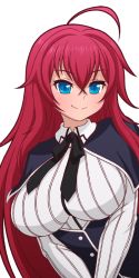 Rule 34 | 1girl, ahoge, blue eyes, breasts, capelet, hair between eyes, high school dxd, kuoh academy school uniform, large breasts, long hair, mike inel, red hair, rias gremory, school uniform, shirt, smile, solo, taut clothes, taut shirt, transparent background, upper body