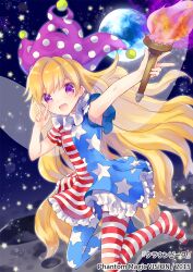 Rule 34 | 1girl, american flag dress, american flag legwear, blonde hair, blush, character name, clownpiece, dress, fairy, fairy wings, hat, highres, holding, holding torch, jester cap, long hair, open mouth, pantyhose, pink eyes, pink hat, polka dot, polka dot headwear, short sleeves, smile, solo, star (symbol), star print, striped clothes, striped dress, striped pantyhose, torch, torii sumi, touhou, v, wings