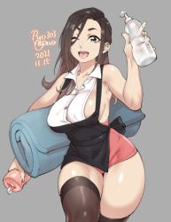 Rule 34 | 1girl, agawa ryou, apron, armpits, artificial vagina, artist name, bare shoulders, black apron, bottle, breasts, brown eyes, brown hair, brown thighhighs, collarbone, collared shirt, commentary, covered erect nipples, cowboy shot, dated, english commentary, flipped hair, grey background, hand up, high-waist shorts, holding, holding bottle, long hair, lube, no bra, numbered, one eye closed, open mouth, original, pink shorts, puffy nipples, sex toy, shirt, shorts, sideboob, sidelocks, simple background, sleeveless, smile, solo, teeth, thighhighs, upper teeth only, white shirt, yoga mat, zettai ryouiki