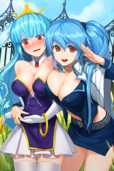Rule 34 | 2girls, asymmetrical docking, belt, blue hair, blush, bracelet, breast press, breasts, character request, cleavage, collarbone, detached collar, elbow gloves, covered erect nipples, gloves, highres, jewelry, large breasts, legs, long hair, looking at viewer, luthica preventer, midriff, miniskirt, multiple girls, pleated skirt, red eyes, salute, skirt, smile, snowball22, sword girls, thighhighs, thighs, tiara, twintails, wavy mouth, white gloves, white legwear