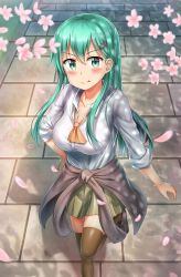 Rule 34 | 10s, 1girl, aqua eyes, aqua hair, blush, breasts, brick floor, brown thighhighs, cherry blossoms, clothes around waist, collarbone, from above, grass, green skirt, hair ornament, hairclip, hand on own hip, highres, jacket, jacket around waist, unworn jacket, kantai collection, large breasts, long hair, looking at viewer, looking up, neckerchief, nedia (nedia region), orange neckerchief, outdoors, pavement, pleated skirt, shadow, skirt, sleeves rolled up, smile, solo, straight hair, suzuya (kancolle), thighhighs, tongue, tongue out, walking