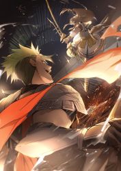 Rule 34 | 2boys, achilles (fate), action, armor, bow (weapon), chiron (fate), drawing bow, fate/apocrypha, fate (series), green hair, highres, holding, holding bow (weapon), holding weapon, horse tail, long hair, low-tied long hair, male focus, manly, multiple boys, no-kan, orange scarf, perspective, scarf, skirt, sparks, tail, undercut, weapon