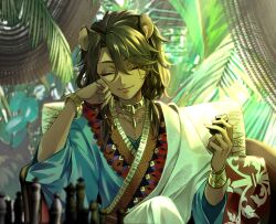 1boy aged_down animal_ears board_game brown_hair chess child closed_eyes leona_kingscholar lion_boy lion_ears long_hair male_focus redrabbit44 robe scar scar_across_eye sitting smile solo twisted_wonderland upper_body