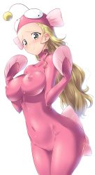 Rule 34 | 1girl, anglerfish costume, blonde hair, blush, breasts, cameltoe, closed mouth, collarbone, covered erect nipples, covered navel, girls und panzer, green eyes, groin, highres, kuzuryuu kennosuke, large breasts, long hair, looking at viewer, looking to the side, no bra, no panties, sasaki akebi, shiny clothes, shiny skin, simple background, skin tight, smile, solo, standing, upper body, white background
