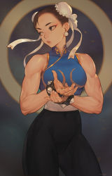 Rule 34 | 1girl, alternate costume, biceps, bracelet, brown hair, bun cover, capcom, chun-li, double bun, earrings, eyeshadow, hair bun, high-waist pants, highres, jewelry, looking to the side, makeup, morry, muscular, muscular female, pants, parted lips, pearl earrings, sleeveless, solo, spiked bracelet, spikes, street fighter, thick thighs, thighs, toned