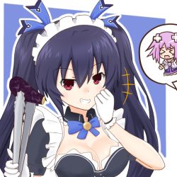 Rule 34 | apron, black hair, breasts, cleavage, collar, dress, eggplant, gloves, grin, hair ornament, hairclip, maid, medium breasts, neptune (neptunia), neptune (series), noire (neptunia), open mouth, paniked, purple hair, red theme, ribbon, rkaode14, smile, smirk, teeth, uniform