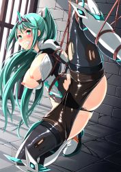 Rule 34 | 1girl, absurdres, aqua eyes, aqua hair, bdsm, blush, bondage, bound, breasts, breasts out, cyoppu, glaring, green hair, grin, hairband, high ponytail, highres, long hair, pantyhose, pneuma (xenoblade), restrained, scowl, sidelocks, smile, solo, thighhighs, torn clothes, very long hair, xenoblade chronicles (series), xenoblade chronicles 2