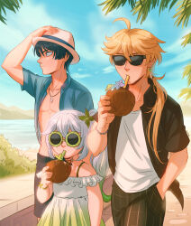 Rule 34 | 1girl, 2boys, aether (genshin impact), ahoge, alternate costume, bare shoulders, beach, black shirt, black shorts, blonde hair, blue hair, blue shirt, blunt ends, bracelet, casual, chalseu, cocktail umbrella, coconut cup, collared shirt, cowboy shot, cup, dress, drinking, drinking straw, earrings, flower-shaped eyewear, flower in drink, frilled dress, frills, genshin impact, gradient dress, green-framed eyewear, green dress, grey hair, hair between eyes, hair ornament, hair over shoulder, hand in pocket, hand on own head, hat, highres, holding, holding clothes, holding cup, holding hat, jewelry, leaf hair ornament, long hair, looking to the side, low ponytail, multiple boys, nahida (genshin impact), necklace, off-shoulder dress, off shoulder, open clothes, open shirt, outdoors, pants, plaid, plaid pants, scaramouche (genshin impact), shirt, shirt under shirt, short hair, short hair with long locks, short sleeves, shorts, side ponytail, sidelocks, single earring, sunglasses, tree, walking, white dress, white shirt