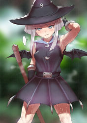 Rule 34 | 1girl, arm up, armpits, bat wings, belt buckle, black dress, blurry, blurry background, broom, buckle, dress, gloves, green eyes, hat, highres, looking at viewer, mahou shoujo tai arusu, nervous sweating, sheila (mahou shoujo tai arusu), short hair, silver hair, sleeveless, steam, sweat, thighs, toppogi, very sweaty, wings, witch hat