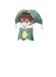 Rule 34 | 1boy, absurdres, artist request, atelier (series), atelier marie, blush, brown eyes, brown hair, closed mouth, fairy (atelier), green headwear, green hoodie, hair between eyes, highres, hood, hood down, hoodie, long sleeves, looking at viewer, male focus, non-web source, official art, pointy hat, short hair, simple background, smile, solo, star (symbol), star print, transparent background, upper body