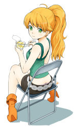 Rule 34 | 1girl, :t, ahoge, alternate hairstyle, ass, bad id, bad pixiv id, blonde hair, boots, butt crack, chair, downpants, eating, folding chair, food, full body, green eyes, highres, hoshii miki, idolmaster, idolmaster (classic), legs, long hair, looking back, nagian, ponytail, pudding, shorts, sitting, smile, solo, spoon, tiptoes