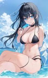 Rule 34 | 1girl, absurdres, bare shoulders, bikini, black bikini, black choker, black hair, blue eyes, blue sky, breasts, choker, cloud, commentary, day, earrings, food, hair between eyes, hair ornament, hairclip, hand up, highres, holding, holding food, jacket, jewelry, large breasts, long hair, looking at viewer, navel, off shoulder, open clothes, open jacket, original, popsicle, sitting, sky, smile, solo, stomach, swimsuit, thigh strap, thighs, timmoo, very long hair