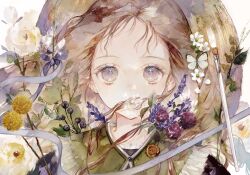 Rule 34 | 1girl, brown eyes, bug, butterfly, expressionless, floating hair, flower, hat, insect, light brown hair, long hair, looking at viewer, niwa haruki, original, portrait, purple flower, ribbon, sidelocks, simple background, solo, straw hat, white flower, yellow flower