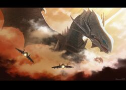 Rule 34 | aircraft, airplane, blue-eyes white dragon, blue eyes, claws, cloud, dragon, exhaust, fighter jet, flying, giant, giant monster, glowing, glowing eyes, horns, jet, kaiju, konami, military, military vehicle, monster, no humans, open mouth, orange sky, sharp teeth, sky, sunlight, suttoko, teeth, torn wings, tusks, weapon, wings, yu-gi-oh!