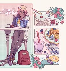 Rule 34 | 1girl, bag, berry, blueberry, bow, braid, brown eyes, bubble tea, butter knife, collared jacket, colorful, dark-skinned female, dark skin, duct tape, fiddlesticks, flower, food, fork, freckles, fruit, hair ornament, jacket, league of legends, long sleeves, multiple braids, notebook, pancake, pink bow, pink hair, school bag, shirt, shoes, short hair, sitting, skateboard, sneakers, solo, star guardian (league of legends), star guardian pet, star guardian taliyah, star nemesis fiddlesticks, sticker, taliyah, wenny02, white shirt, writing