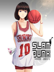 Rule 34 | 1girl, akagi haruko, arm behind back, bad id, bad pixiv id, ball, basketball, basketball (object), basketball uniform, bouquet, breasts, brown hair, cleavage, closed mouth, clothes writing, copyright name, cowboy shot, dated, flower, gradient background, highres, holding, holding ball, holding bouquet, lens flare, lips, looking at viewer, pink lips, purple eyes, red shorts, shirt, short hair, shorts, slam dunk (series), sleeveless, sleeveless shirt, smile, solo, sportswear, standing, white shirt, wristband, zkxandy