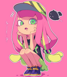 Rule 34 | baseball cap, clownfish, drooling, fish, green eyes, green hair, hand on own face, harmony&#039;s clownfish (splatoon), harmony (splatoon), hat, looking at viewer, metata, mouth drool, multicolored hair, nintendo, open mouth, pink background, pink hair, shirt, shoes, simple background, skirt, sleeveless, splatoon (series), splatoon 3, squatting, streaked hair