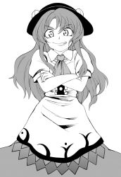 Rule 34 | 1girl, ascot, bad id, bad pixiv id, crossed arms, dress, female focus, food, food-themed clothes, fruit, fuantei, greyscale, grin, hat, hinanawi tenshi, long hair, monochrome, peach, simple background, smile, solo, touhou