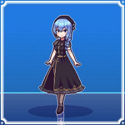Rule 34 | 1girl, alternate costume, animated, animated gif, apron, art (rtrunl), bardiche (weapon), black dress, black footwear, black pantyhose, blue hair, braid, closed mouth, dress, earrings, elbow gloves, enmaided, fingerless gloves, full body, glasses, gloves, halberd, highres, holding, holding polearm, holding weapon, hololive, hoshimachi suisei, hoshimachi suisei (maid), jewelry, looking at viewer, maid, maid apron, maid headdress, medium hair, official alternate costume, pantyhose, pixel art, pocket watch, polearm, puffy short sleeves, puffy sleeves, semi-rimless eyewear, short sleeves, side braid, skirt cutout, smile, solo, standing, transformation, virtual youtuber, watch, weapon