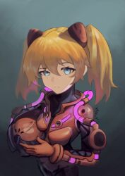 Rule 34 | 1girl, alternate hairstyle, artist request, bodysuit, breasts, brown hair, evangelion: 3.0+1.0 thrice upon a time, expressionless, hair between eyes, hair ornament, helmet, highres, holding, holding helmet, interface headset, looking at viewer, medium breasts, neon genesis evangelion, neon lights, official alternate costume, plugsuit, rebuild of evangelion, shaded face, shiny clothes, skin tight, solo, souryuu asuka langley, standing, twintails, wire