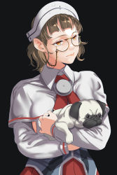 Rule 34 | 1girl, animal, black background, brown eyes, brown hair, capelet, closed mouth, dog, eyewear strap, glasses, highres, kantai collection, lips, long sleeves, pince-nez, pleated skirt, red skirt, roma (kancolle), shingyou (alexander-13), shirt, short hair, simple background, skirt, solo, upper body, white shirt
