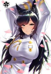 Rule 34 | 1girl, animal ears, arms up, atago (azur lane), azur lane, black hair, breasts, character name, chromatic aberration, commentary request, dog ears, highres, kagiyama (clave), large breasts, logo, long hair, long sleeves, looking at viewer, medal, military, military uniform, mole, mole under eye, petals, simple background, smile, solo, uniform, upper body, white background, yellow eyes