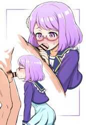 Rule 34 | aikatsu!, aikatsu! (series), aikatsu stars!, blush, closed eyes, clothed female nude male, fellatio, flower, glasses, hair flower, hair ornament, hetero, male pubic hair, multiple views, nanakura koharu, nude, oral, penis, pubic hair, purple eyes, purple hair, red-framed eyewear, school uniform, short hair, sidelocks, simple background, solo focus, sweat, yoban