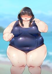 Rule 34 | 1girl, black hair, blue background, blue one-piece swimsuit, blunt bangs, blurry, blurry background, blush, braid, breasts, breasts apart, cameltoe, clenched hand, collarbone, commentary request, commission, covered navel, cowboy shot, fat, glasses, highres, kukeiha (squarewave29), large breasts, looking at viewer, one-piece swimsuit, open mouth, original, outdoors, red-framed eyewear, semi-rimless eyewear, skeb commission, solo, straight-on, swimsuit, thick arms, thick eyebrows, thick thighs, thighs, twin braids, under-rim eyewear, v, wet