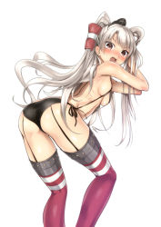 Rule 34 | 10s, 1girl, amatsukaze (kancolle), ass, bikini, black panties, blush, breasts, brown eyes, from behind, ganari ryuu, garter straps, hair tubes, hat, highres, kantai collection, looking back, navel, panties, side-tie bikini bottom, side-tie panties, slingshot swimsuit, small breasts, solo, striped clothes, striped thighhighs, swimsuit, thighhighs, twintails, two side up, underwear, underwear only, white hair