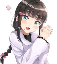 Rule 34 | 10s, 1girl, :d, black hair, black shirt, blouse, blue eyes, blunt bangs, blush, bow, braid, braided ponytail, commentary request, hair bow, hair ornament, hairclip, hands up, head tilt, heart, highres, jacket, kurosawa dia, long hair, long sleeves, looking at viewer, love live!, love live! school idol festival, love live! sunshine!!, low ponytail, mole, mole under mouth, open mouth, own hands together, pink bow, ponytail, round teeth, shirt, sidelocks, simple background, sin (sin52y), single braid, smile, solo, teeth, upper teeth only, white background, white jacket