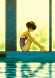 Rule 34 | 1girl, alternate hairstyle, artist name, bare legs, barefoot, blue eyes, blush, breasts, feet, female focus, hair bun, highres, indoors, knees to chest, kobayashi yuji, looking at viewer, neon genesis evangelion, one-piece swimsuit, pool, red one-piece swimsuit, reflection, single hair bun, sitting, small breasts, solo, souryuu asuka langley, swimsuit, water, window