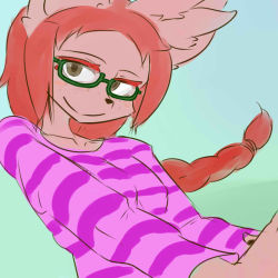 Rule 34 | 1girl, brown eyes, female focus, furry, furry female, glasses, green background, looking at viewer, orange hair, ponytail, solo, the amboina