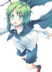Rule 34 | 1girl, antennae, black cape, blue eyes, blue pants, brown footwear, cape, from above, green hair, long sleeves, looking at viewer, open mouth, outstretched arms, pants, shirt, short hair, solo, spread arms, suichuu hanabi, touhou, white shirt, white sleeves, wriggle nightbug