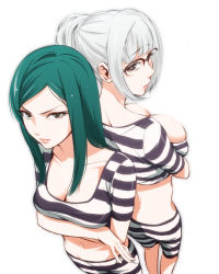 Rule 34 | 10s, 2girls, back-to-back, black eyes, breast hold, breasts, cleavage, crossed arms, from above, glasses, green eyes, green hair, highres, kurihara mari (prison school), large breasts, lips, long hair, looking at viewer, looking back, midriff, multiple girls, navel, pre3445, prison clothes, prison school, shiraki meiko, silver hair, skindentation, striped, white background