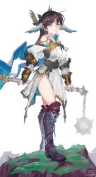 Rule 34 | armor, bare shoulders, beads, blue eyes, boots, brown hair, brown headband, chain, diamond-shaped pupils, diamond (shape), feather hair ornament, feathers, flail, floral print, gigapuri, grass, grey background, hair ornament, headband, highres, holding, holding flail, holding weapon, long hair, o-ring, original, parted lips, rock, signature, simple background, solo, spikes, symbol-shaped pupils, teeth, vambraces, weapon